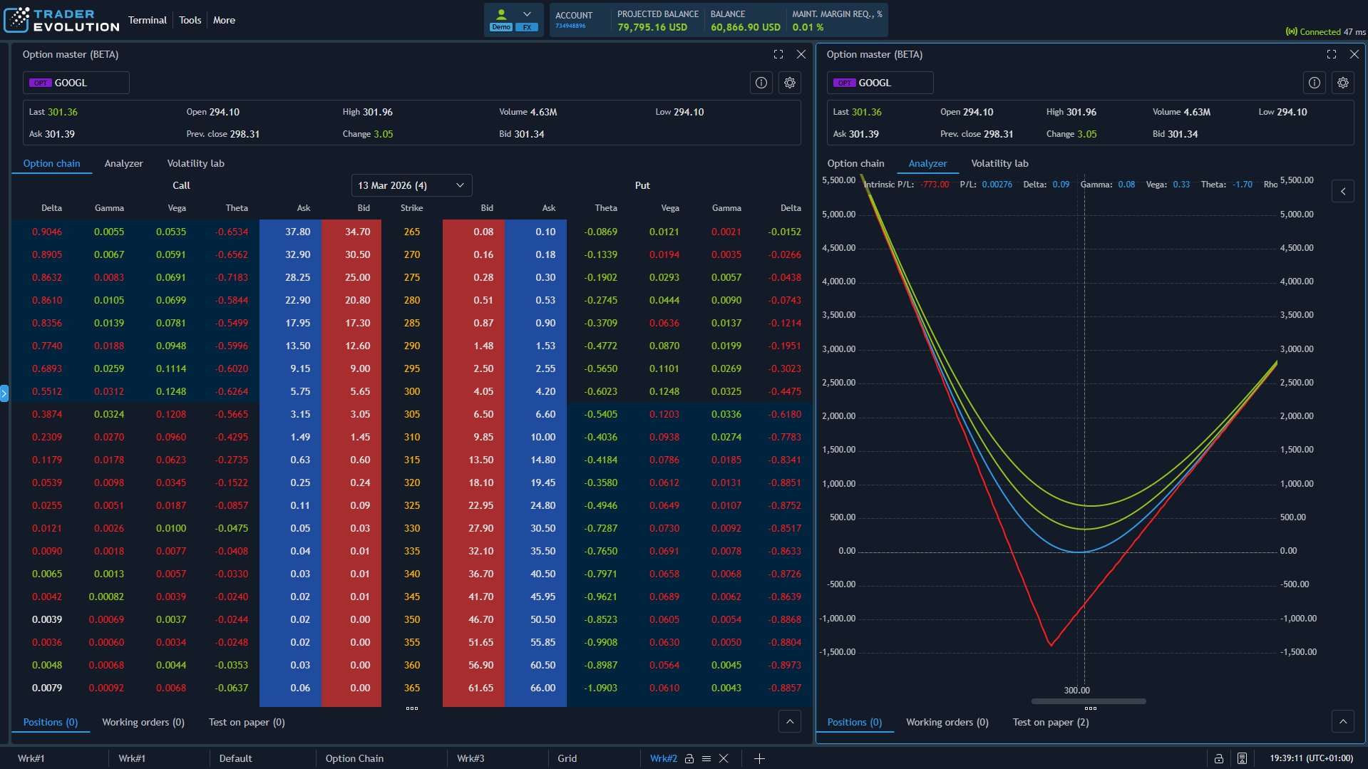 TraderEvolution web platform — option chain and analyzer (dark)